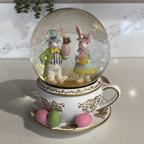 Tea Cup & Saucer Easter Rabbit Musical Snow Globe - Picture 2 of 5